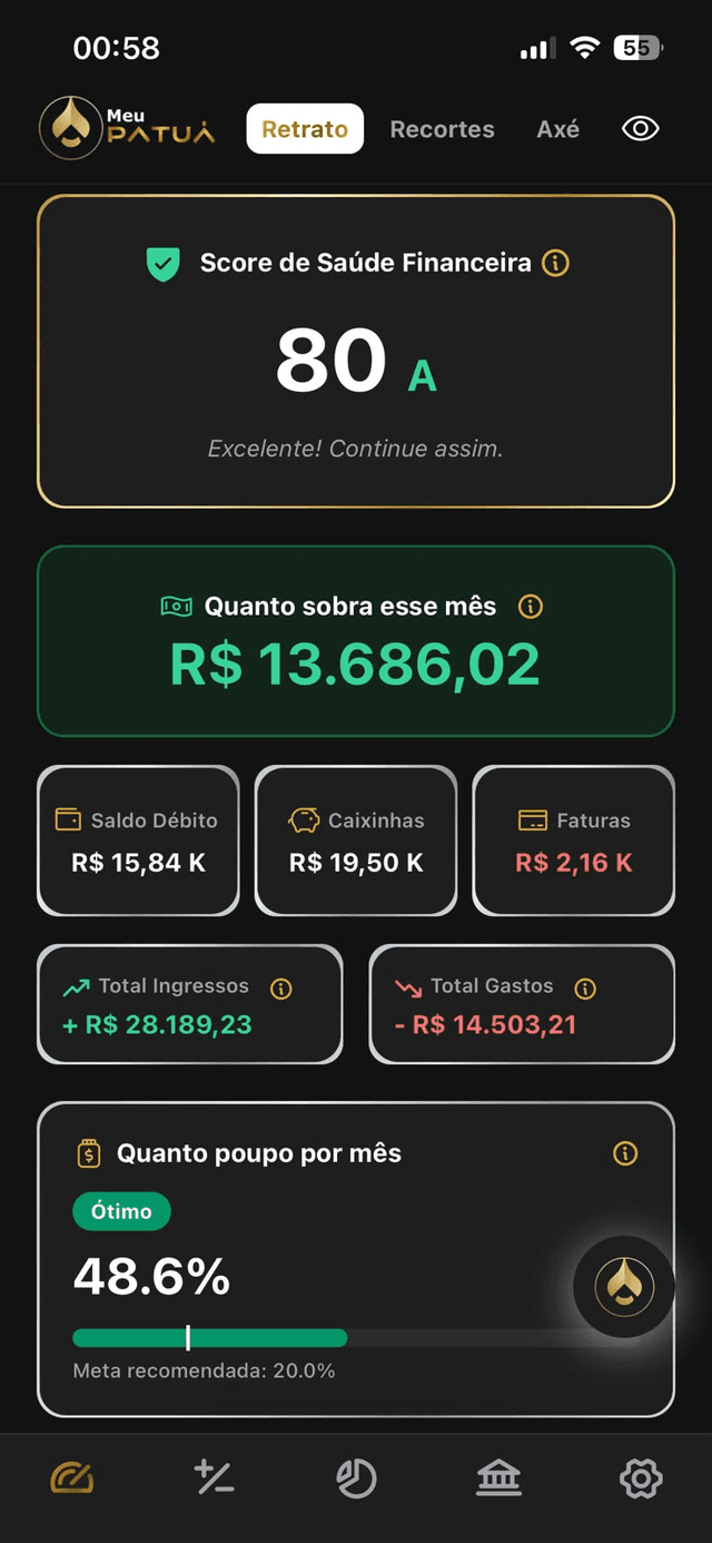 Dashboard do aplicativo Patuá